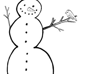 cute snowman and robin on stick illustration. Cartoon ink character design