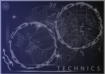 Machine-building drawings on a blue background