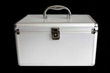 A suitcase for compact discs.
Horizontally, a front view. Isolated on a black background.