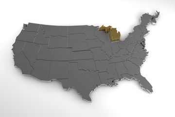 United States of America, 3d metallic map, with Michigan state highlighted. 3d render
