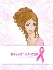 Breast cancer awareness month poster with pink ribbon and women portrait.