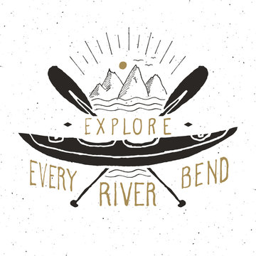 Kayak and canoe vintage label, Hand drawn sketch, grunge textured retro badge, typography design t-shirt print, vector illustration