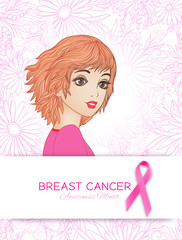 Breast cancer awareness month poster with pink ribbon and women portrait.