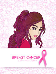 Breast cancer awareness month poster with pink ribbon and women portrait.
