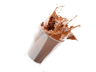 3d Chocolate milk splashing out of glass