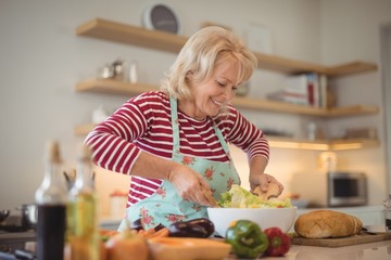 Senior woman mixing vegetables salad in kitchen