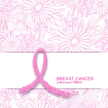 Breast cancer awareness month poster with pink ribbon and floral pattern.