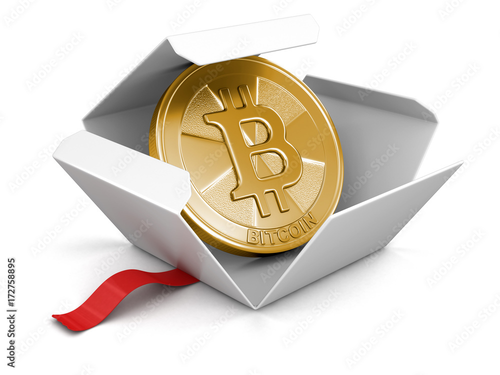 Poster open package with bitcoin. image with clipping path