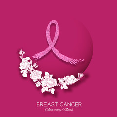 Breast cancer awareness month poster with pink ribbon and roses.
