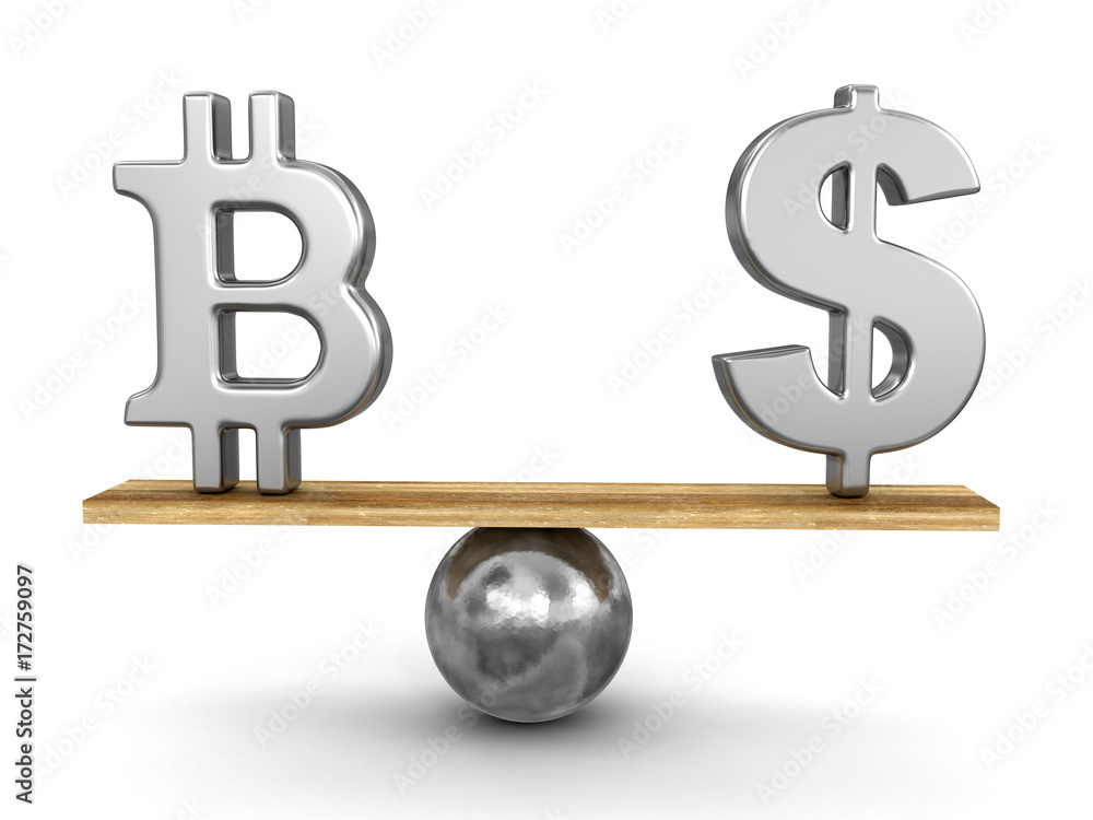 Poster bitcoin and dollar sign balanced on plank. image with clipping path