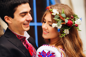 Beautiful ukrainian couple wearing traditional clothes