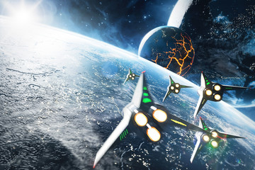 Five space ships flying to the collapsing planet. Elements of this image furnished by NASA