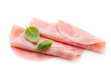 Thin slices of ham on white background.
