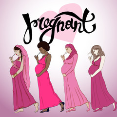 set diferent pregnant woman in  prepared for maternity. 