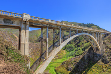 Scenic view of iconic Bixby Bridge on Pacific Coast Highway Number 1 in California, United States. Bixby Bridge is most photographed and popular bridge located in Big Sur. American travel concept