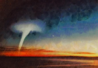 Ansicht der Sturmseelandschaft mit Blitz. Tornado im Ozean. Sturmwolken. Stürmisches Wetter. Sturm kommt über Malerei, Sturm über dem Meer Impressionismus, Öl- und Aquarell-Mischmalerei Landschaftsansicht. © Avgustus