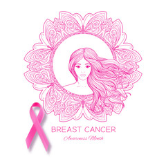 Breast cancer awareness month poster with pink ribbon and women portrait.