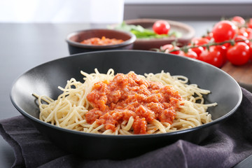 Delicious pasta with bolognese sauce in plate