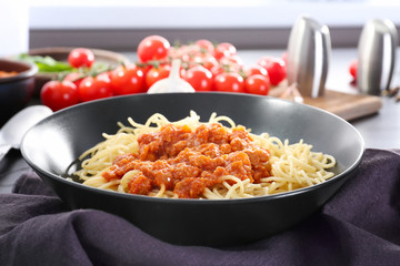 Delicious pasta with bolognese sauce in plate