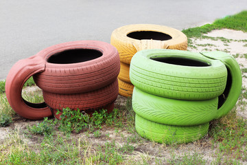 Decorative cups made of automobile tires, outdoors
