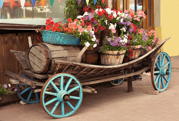 Fototapeta na wymiar Beautiful flowerbed made of cart, outdoors. Waste recycling concept