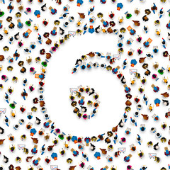 Large group of people in number 6 six form. People font. Vector illustration