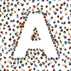 A group of people in the shape of English alphabet letter A on light background. Vector illustration.