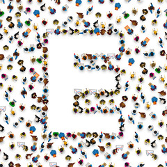 A group of people in the shape of English alphabet letter E on light background. Vector illustration.