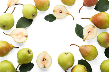 Frame made of delicious ripe pears on white background