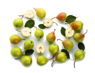Delicious ripe pears on white background