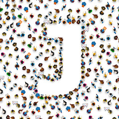 A group of people in the shape of English alphabet letter J on light background. Vector illustration.