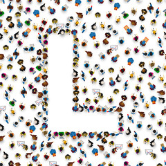 A group of people in the shape of English alphabet letter L on light background. Vector illustration.