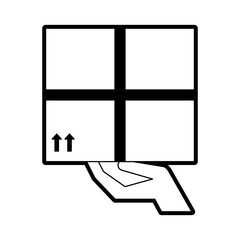 hand holding box shipping delivey icon image vector illustration design  black and white