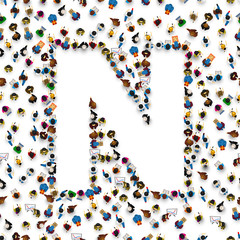 A group of people in the shape of English alphabet letter N on light background. Vector illustration.