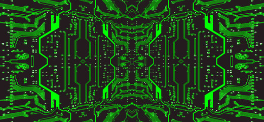 Green and black circuit board as symmetrical technology background.Digitally altered image.