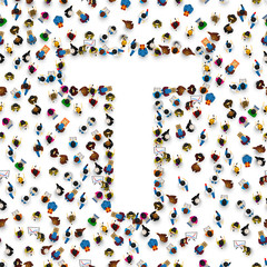A group of people in the shape of English alphabet letter T on light background. Vector illustration.