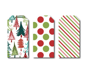 Christmas gift tags, labels, cards. Quirky christmas tree, polka dot and diagonal stripe tags. Set of three coordinating holiday gift tags.