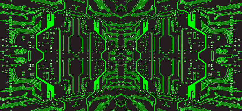 Green and black circuit board as symmetrical technology background.Digitally altered image.
