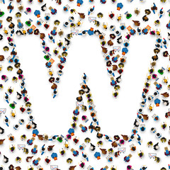 A group of people in the shape of English alphabet letter X on light background. Vector illustration.