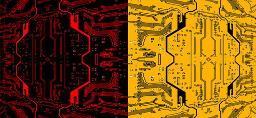 Yellow and red circuit board pattern as abstract technology background.Digitally altered image.