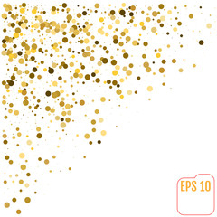 Golden Circle Confetti Falling On White Background. Round. Dot. Polka. Vector