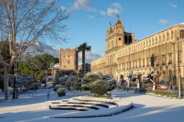Monastery Of St. Lucy And Norman Castle Of Adrano Under The Snow, Sicily