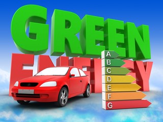 3d car with green energy sign
