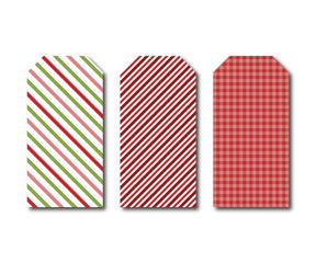 Christmas gift tags, labels, cards. Diagonal peppermint stripe and gingham tags. Set of three coordinating holiday gift tags. 