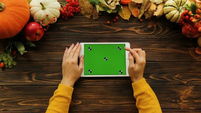 Beautiful autunm top view with pumpking, maple leaves and nuts on wooden table. Woman scrolling, zooming and tapping on touchscreen of white tablet device with green screen. Chroma key. Tracking