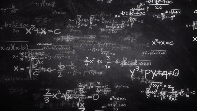 Handwritten mathematics formulas flying from chalkboard towards camera