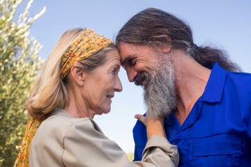 Romantic couple looking at each other in olive farm