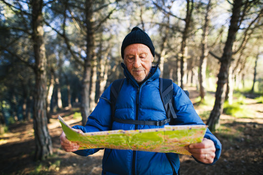 Hiker senior man searching in the map his position in the forest.