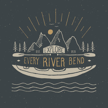 Kayak and canoe vintage label, Hand drawn sketch, grunge textured retro badge, typography design t-shirt print, vector illustration