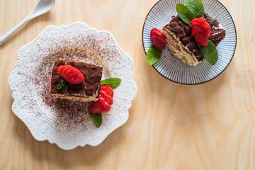 Strawberry tiramisu with mascarpone. top view